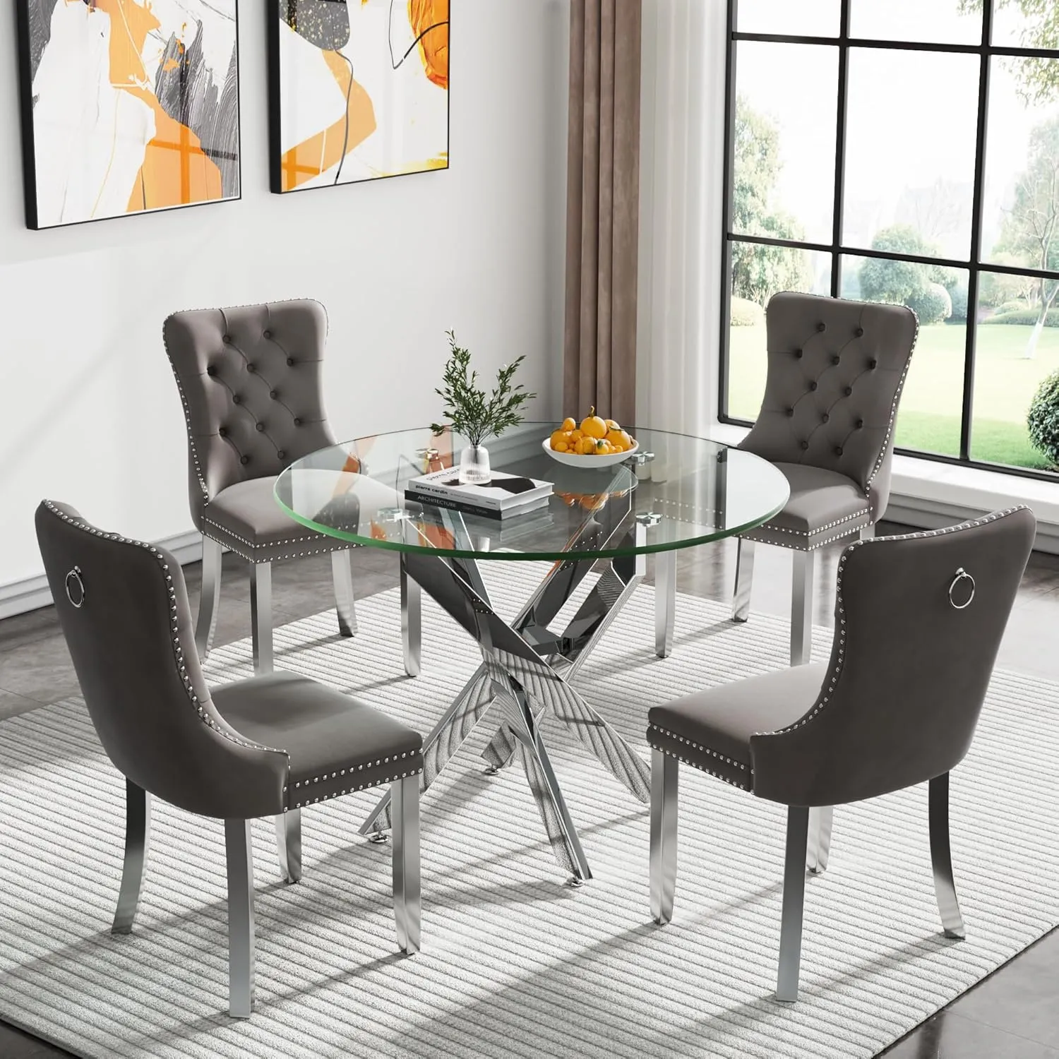Round Glass Dining Table,Dining Room Table with Tempered Glass Tabletop and Metal Legs, Modern Style Glass Kitchen Table for Home, Kitchen, Dining Room