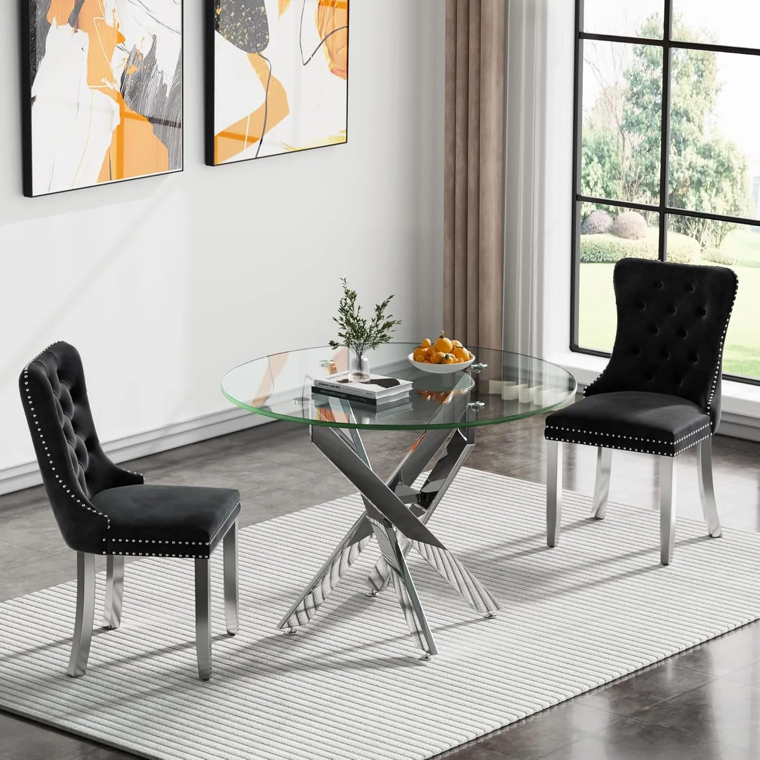 Round Glass Dining Table,Dining Room Table with Tempered Glass Tabletop and Metal Legs, Modern Style Glass Kitchen Table for Home, Kitchen, Dining Room