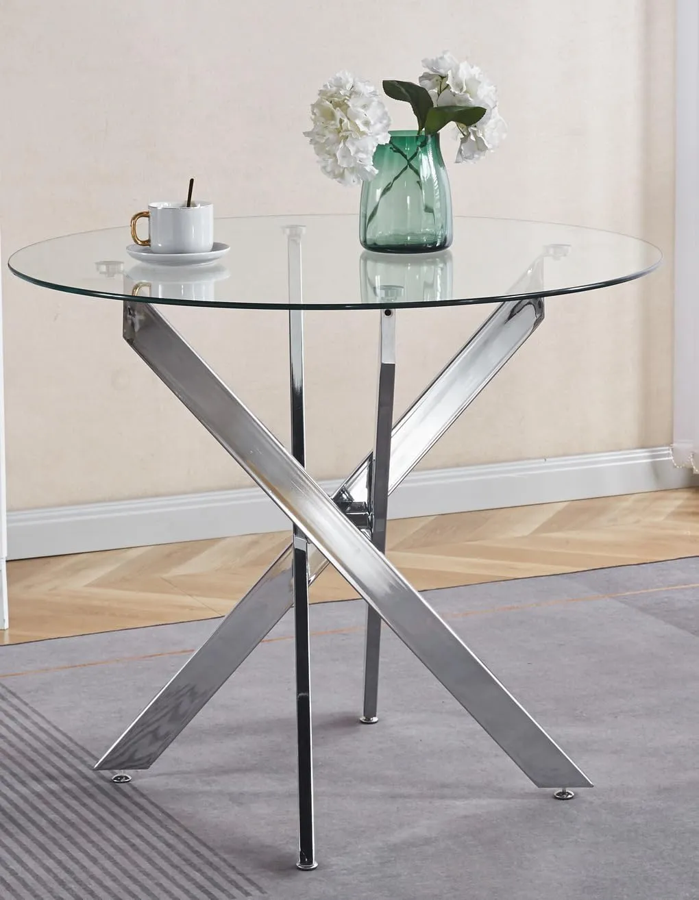 Round Glass Dining Table,Dining Room Table with Tempered Glass Tabletop and Metal Legs, Modern Style Glass Kitchen Table for Home, Kitchen, Dining Room