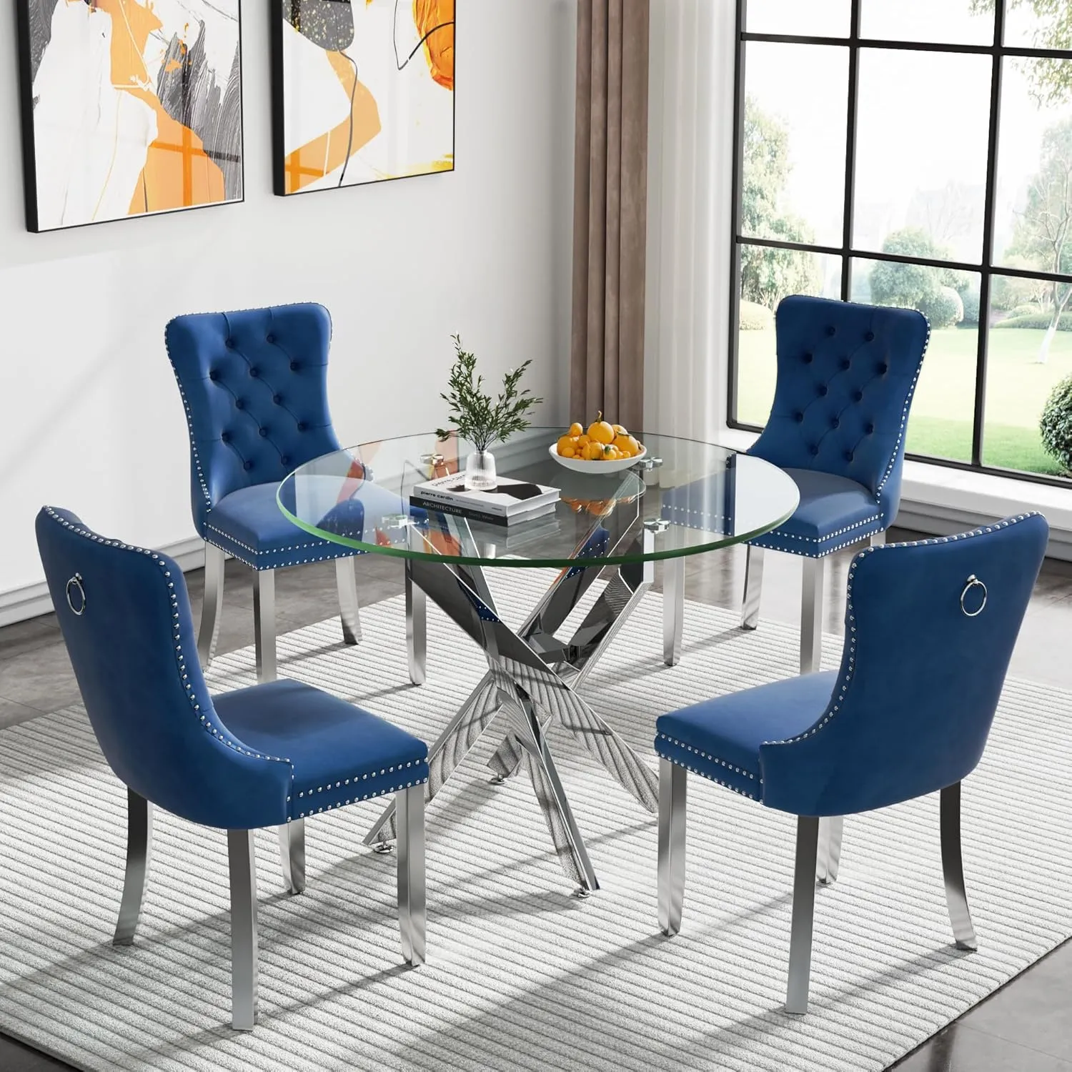 Round Glass Dining Table,Dining Room Table with Tempered Glass Tabletop and Metal Legs, Modern Style Glass Kitchen Table for Home, Kitchen, Dining Room