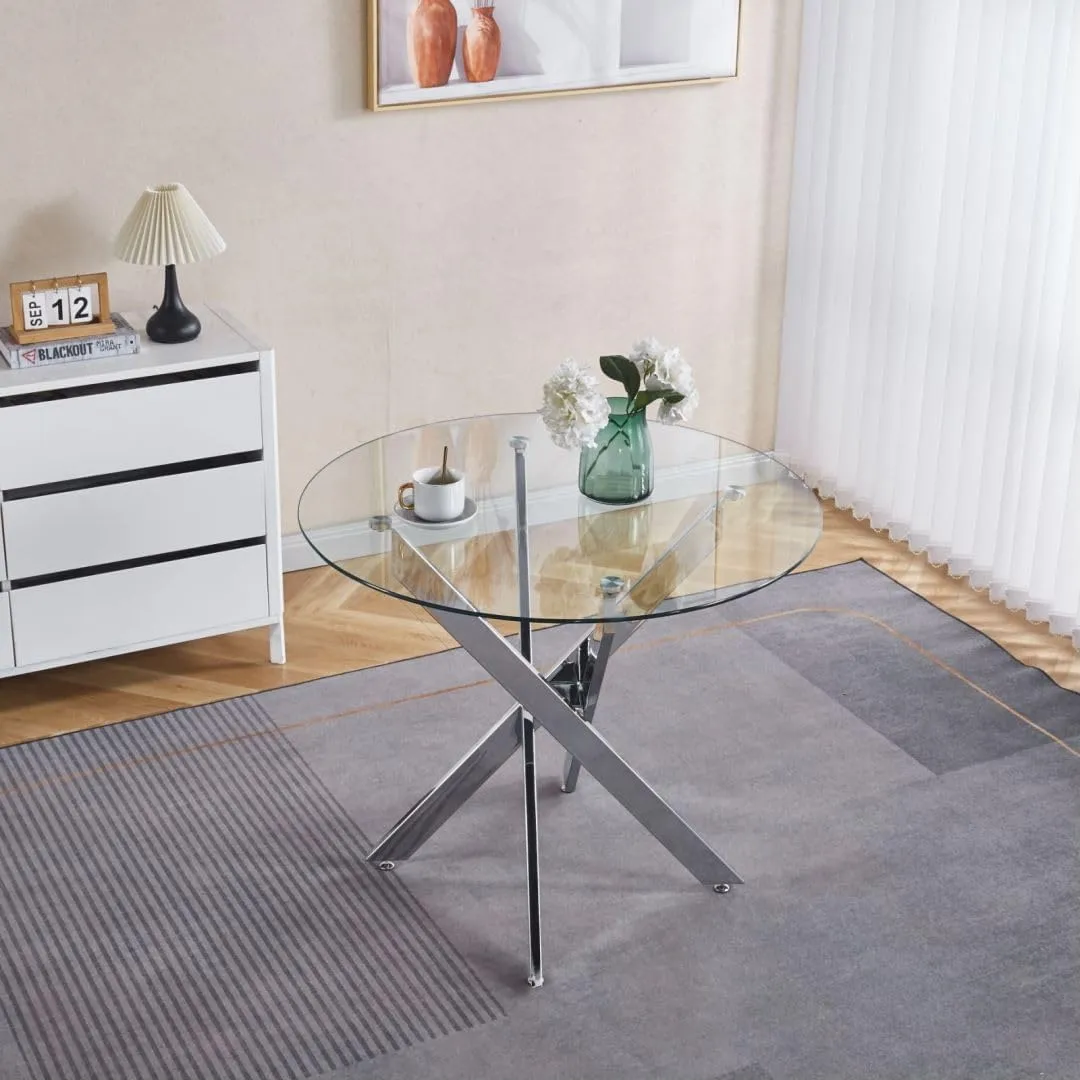 Round Glass Dining Table,Dining Room Table with Tempered Glass Tabletop and Metal Legs, Modern Style Glass Kitchen Table for Home, Kitchen, Dining Room