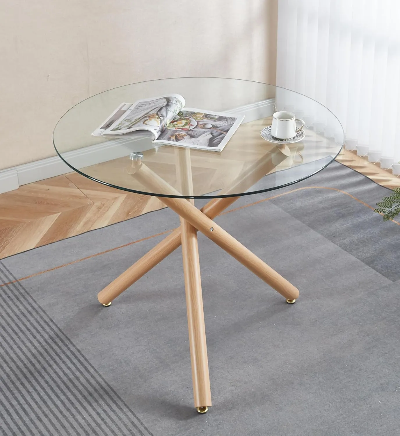 Round Glass Dining Table,Glass Dining Room Table with Tempered Glass Tabletop and Metal Legs, Modern Style Glass Kitchen Table for Home, Kitchen, Dining Room