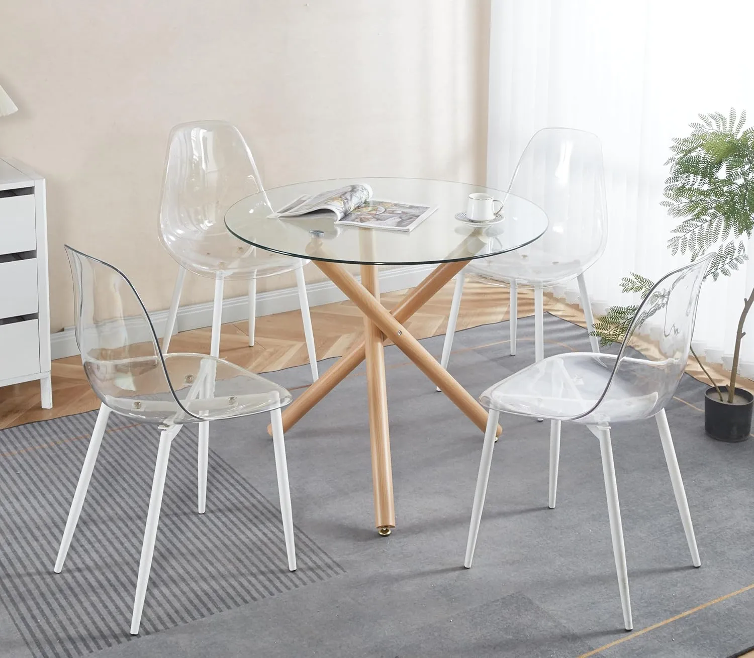Round Glass Dining Table,Glass Dining Room Table with Tempered Glass Tabletop and Metal Legs, Modern Style Glass Kitchen Table for Home, Kitchen, Dining Room
