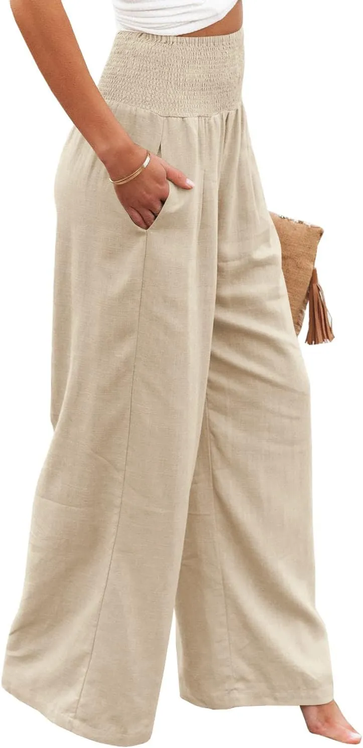 Ru Sweet Women High Waisted Cotton Linen Palazzo Pants Wide Leg Long Lounge Pant Trousers with Pocket