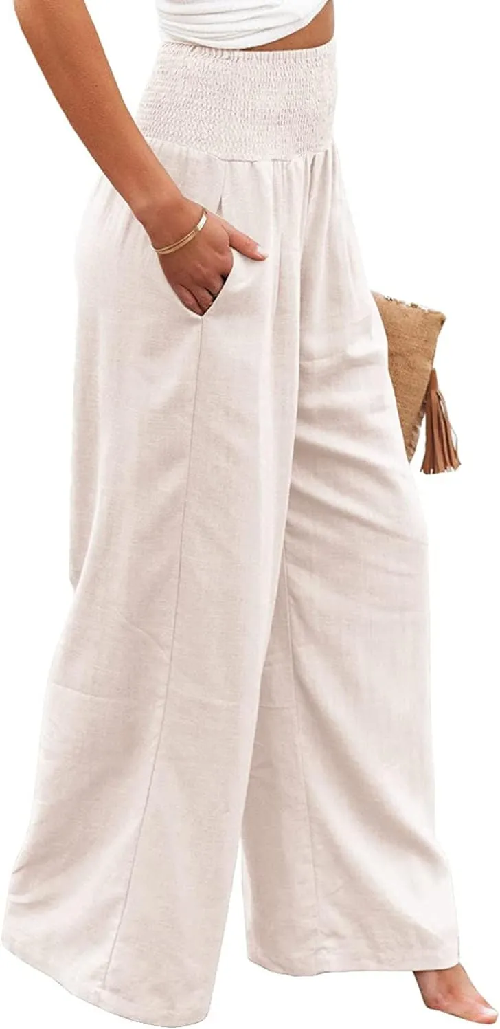 Ru Sweet Women High Waisted Cotton Linen Palazzo Pants Wide Leg Long Lounge Pant Trousers with Pocket