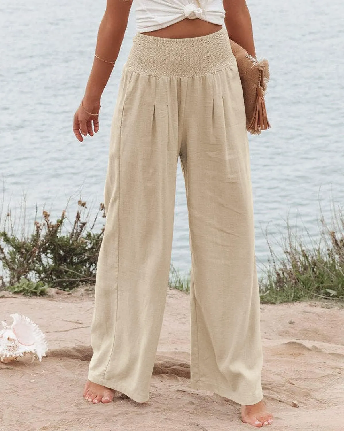 Ru Sweet Women High Waisted Cotton Linen Palazzo Pants Wide Leg Long Lounge Pant Trousers with Pocket