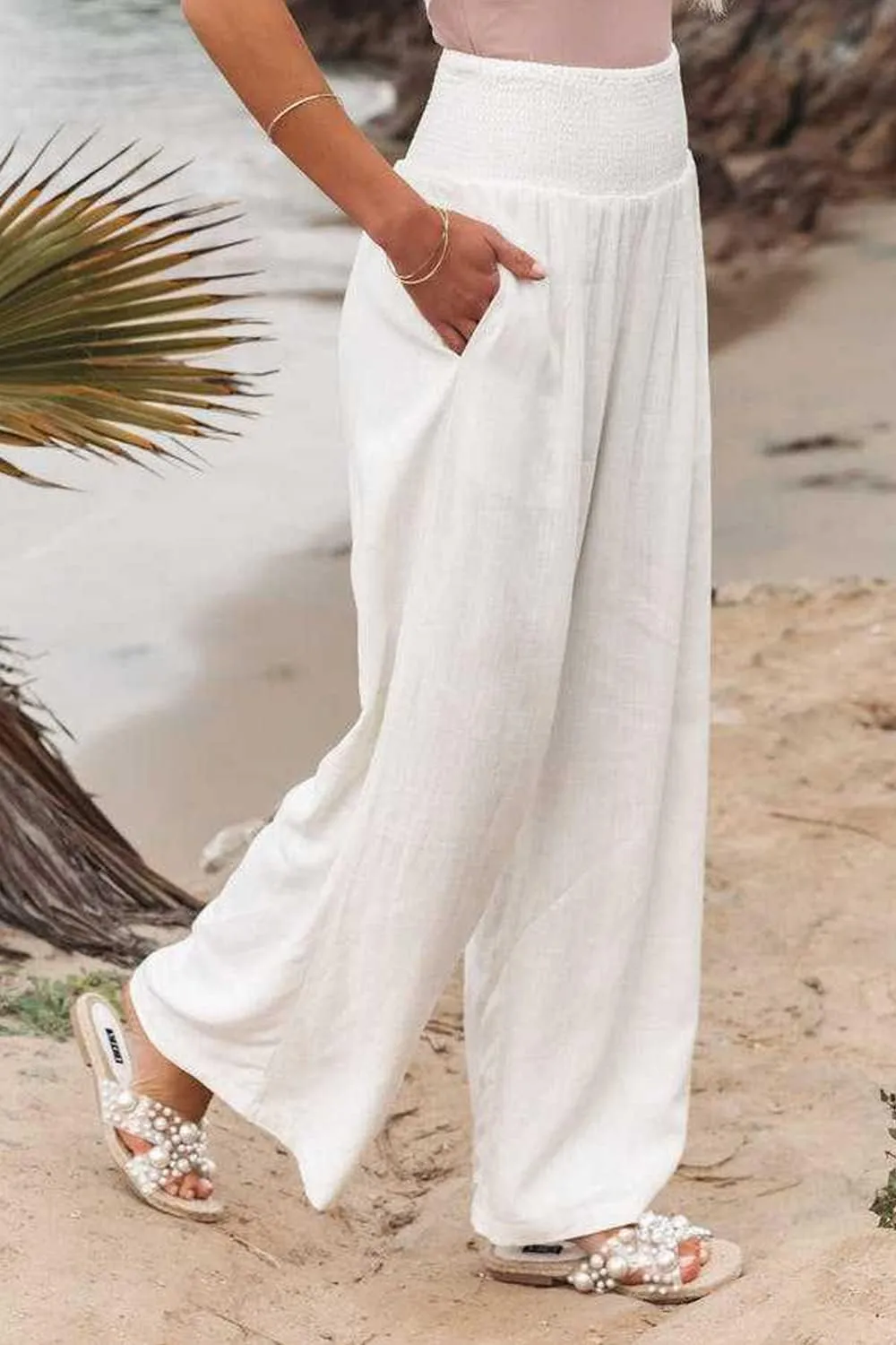 Ru Sweet Women High Waisted Cotton Linen Palazzo Pants Wide Leg Long Lounge Pant Trousers with Pocket