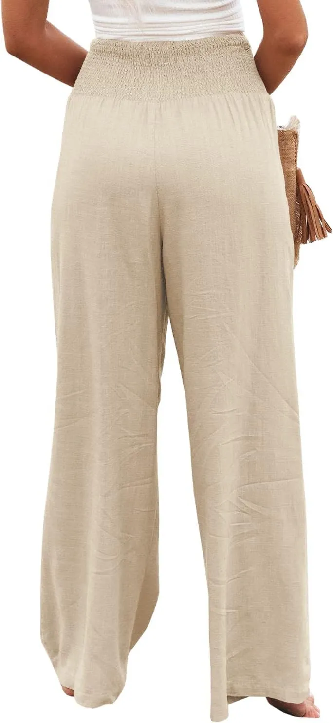 Ru Sweet Women High Waisted Cotton Linen Palazzo Pants Wide Leg Long Lounge Pant Trousers with Pocket