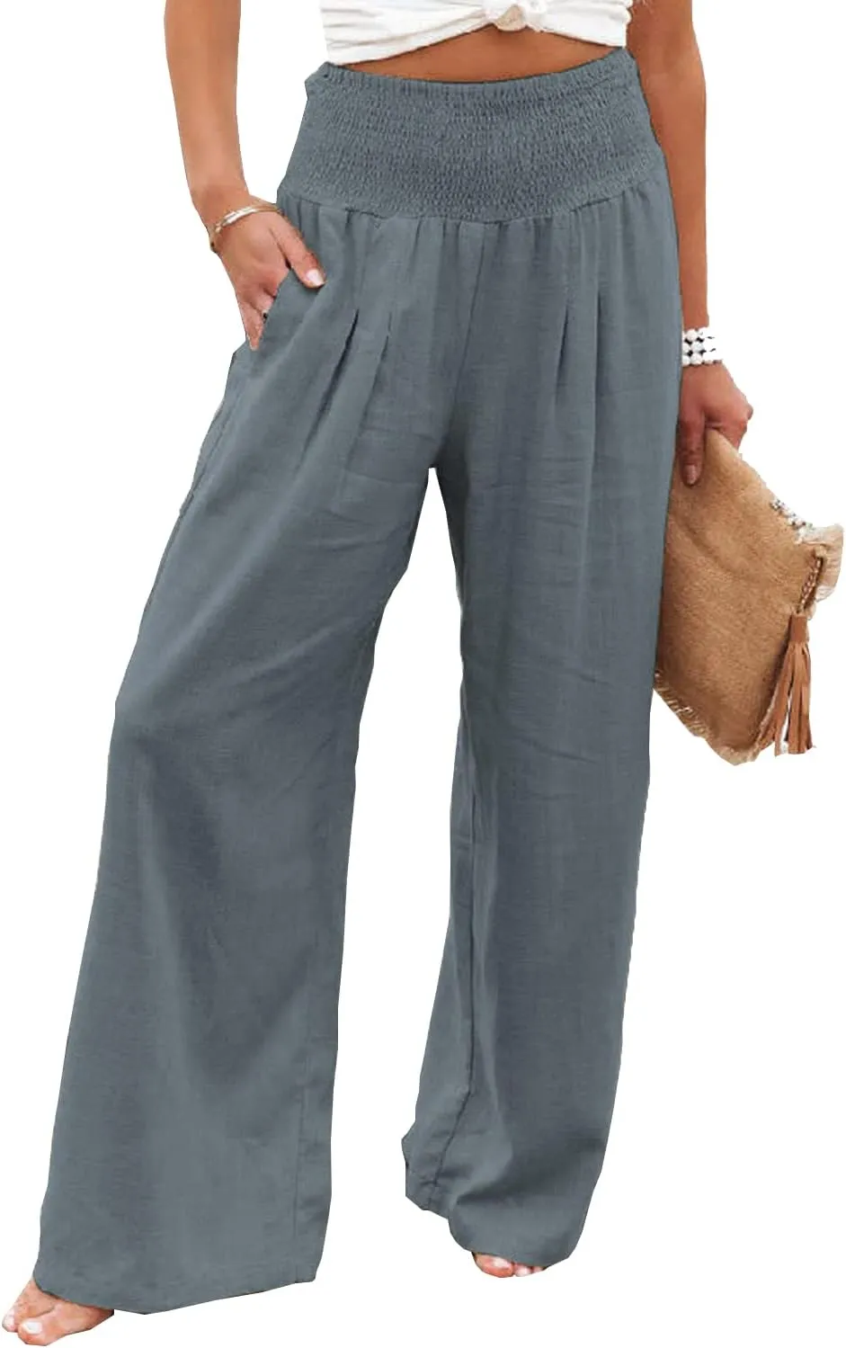 Ru Sweet Women High Waisted Cotton Linen Palazzo Pants Wide Leg Long Lounge Pant Trousers with Pocket