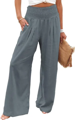 Ru Sweet Women High Waisted Cotton Linen Palazzo Pants Wide Leg Long Lounge Pant Trousers with Pocket