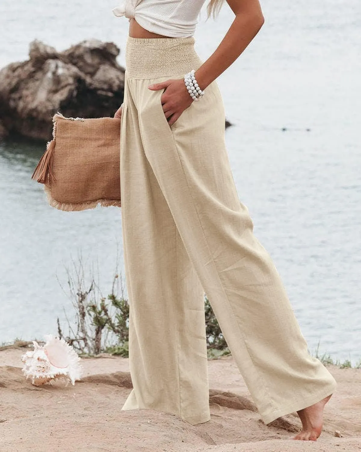 Ru Sweet Women High Waisted Cotton Linen Palazzo Pants Wide Leg Long Lounge Pant Trousers with Pocket
