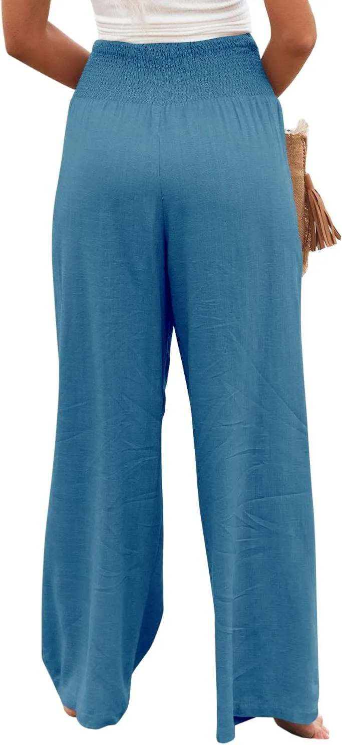 Ru Sweet Women High Waisted Cotton Linen Palazzo Pants Wide Leg Long Lounge Pant Trousers with Pocket