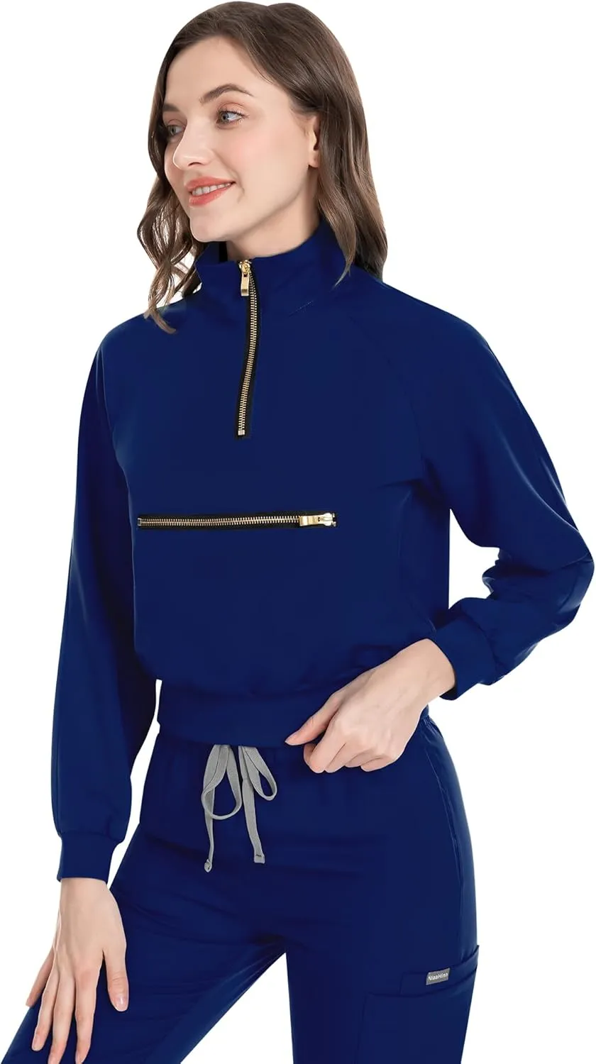 Scrub for Women Set-Long Sleeve Scrub Top with Zipper & Jogger Pants Medical Uniform Suit