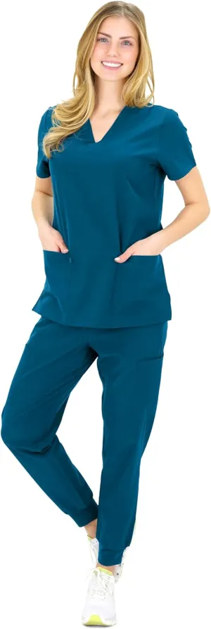 Scrubs for Women Set - V-Neck Scrub Top & Jogger Pants Set - 15 Pockets - Yoga Waistband - Soft & Stretchy
