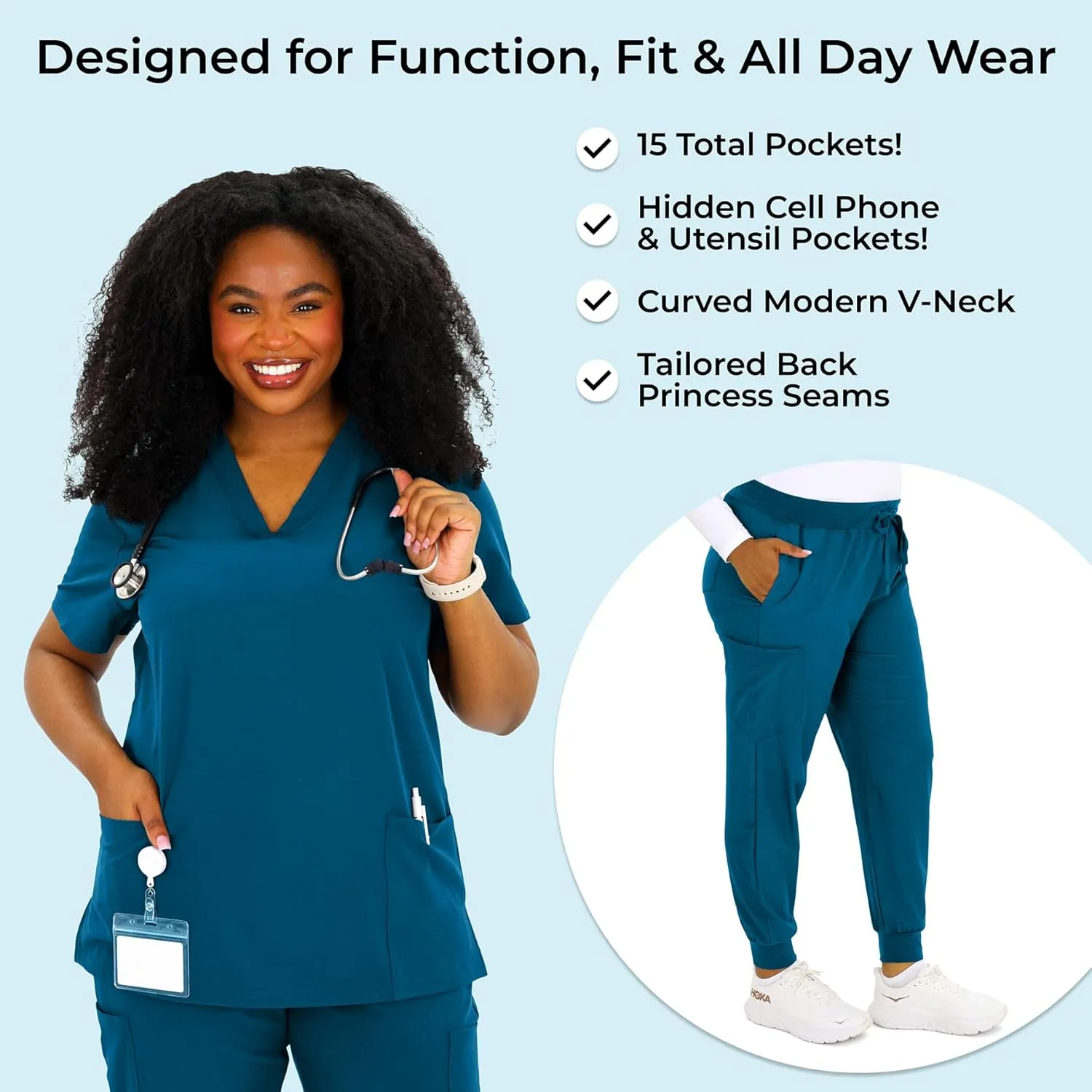 Scrubs for Women Set - V-Neck Scrub Top & Jogger Pants Set - 15 Pockets - Yoga Waistband - Soft & Stretchy