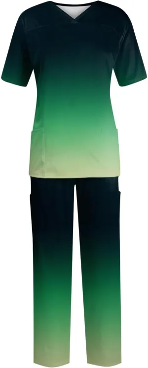 Scrubs Set for Women Nurse Uniform Jogger Suit Stretch Top & Pants with Multi Pocket for Nurse Gradient Workwear