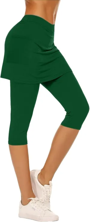 Skirted Leggings for Women Athletic Pickleball Tennis Skorts Capris Elastic Waist Workout Gym Yoga Legging with Skirt