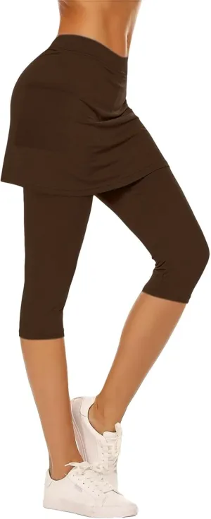 Skirted Leggings for Women Athletic Pickleball Tennis Skorts Capris Elastic Waist Workout Gym Yoga Legging with Skirt