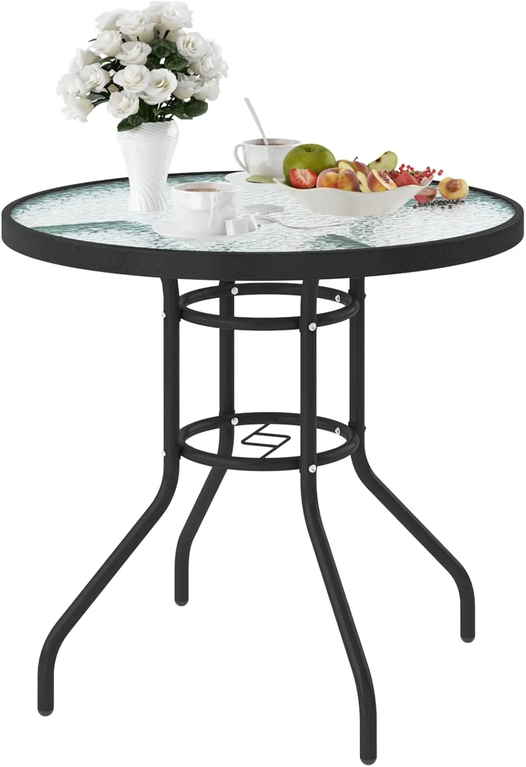 soges 31.5in Outdoor Patio Bistro Coffee Tea Table, Round Tempered Glass Steel Frame Dining Table with Umbrella Hole, All Weather Outside Desk for Garden Lawn Balcony Backyard, Black 30LHYW-OT05BK80
