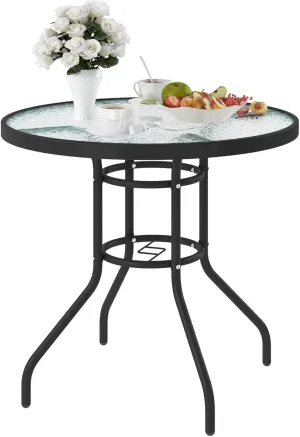 soges 31.5in Outdoor Patio Bistro Coffee Tea Table, Round Tempered Glass Steel Frame Dining Table with Umbrella Hole, All Weather Outside Desk for Garden Lawn Balcony Backyard, Black 30LHYW-OT05BK80