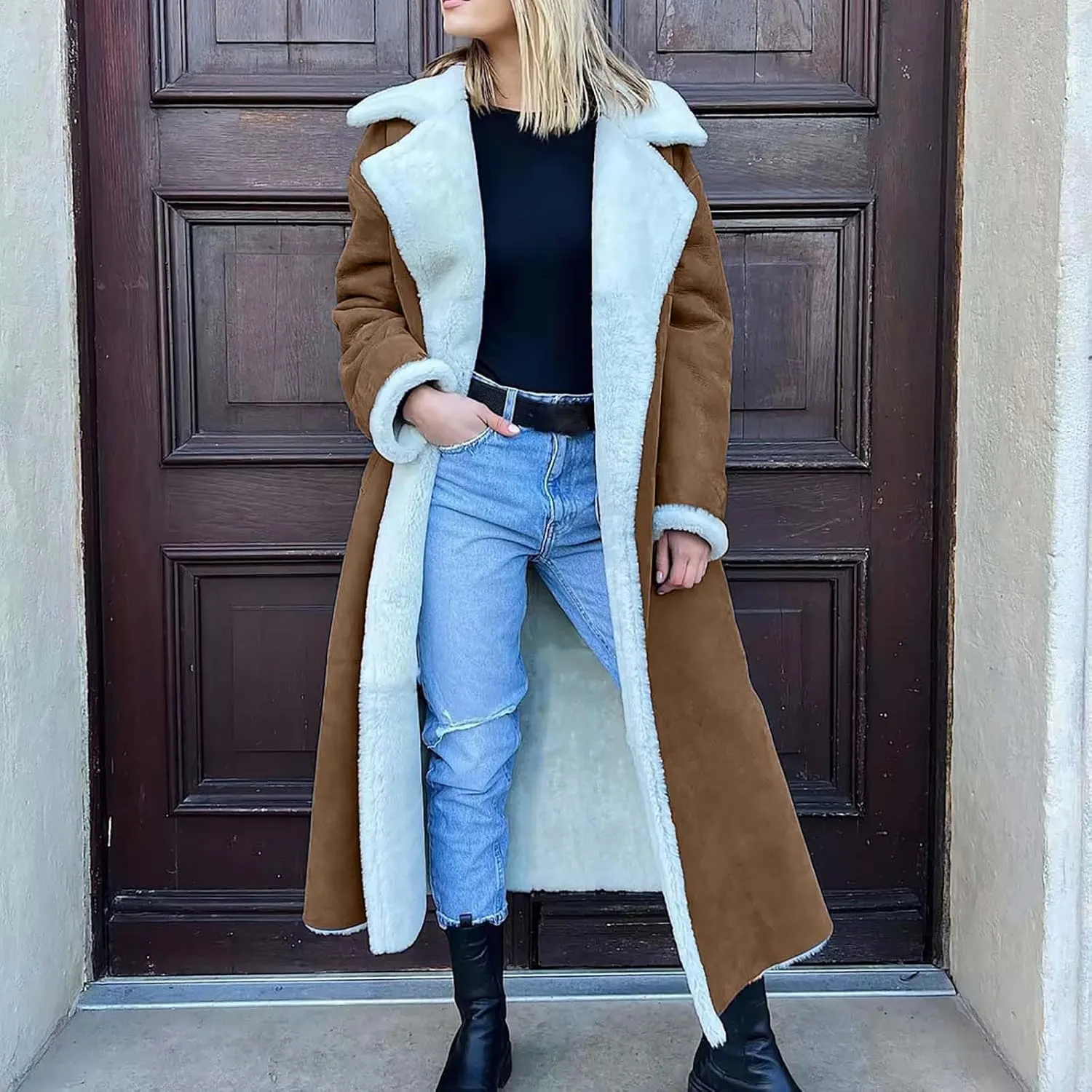 Suede Overcoats Sherpa Lined Womens Winter Coats Trendy Notched Lapel Long Fleece Jacket Warm Slim Fit Furry Outerwear