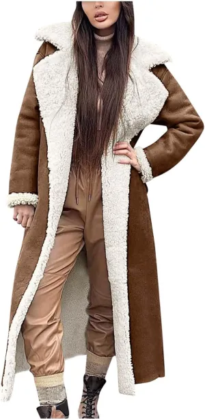 Suede Overcoats Sherpa Lined Womens Winter Coats Trendy Notched Lapel Long Fleece Jacket Warm Slim Fit Furry Outerwear