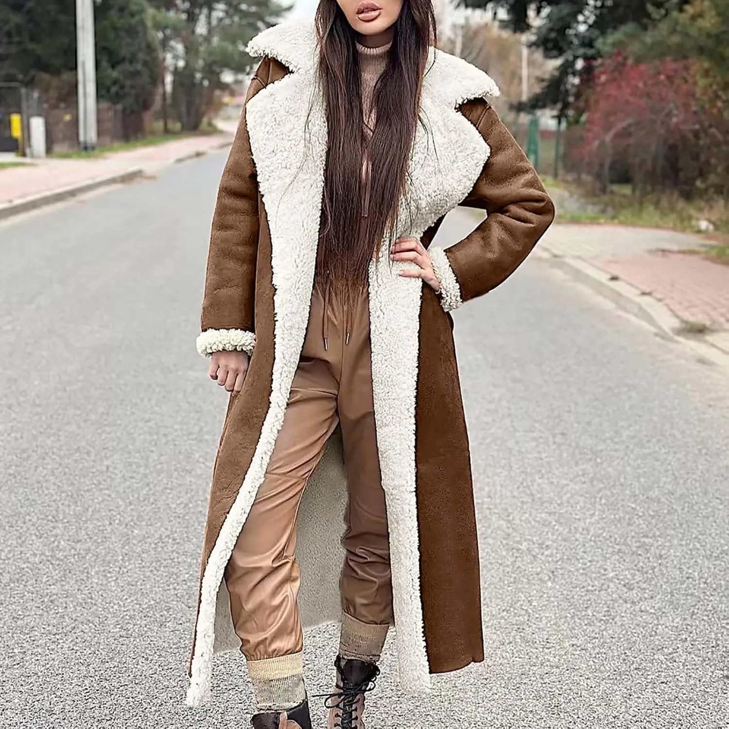 Suede Overcoats Sherpa Lined Womens Winter Coats Trendy Notched Lapel Long Fleece Jacket Warm Slim Fit Furry Outerwear