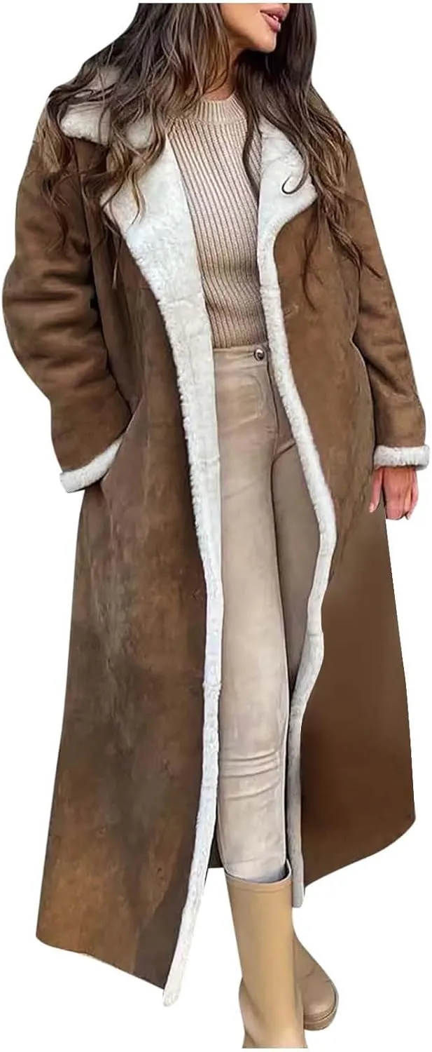 Suede Overcoats Sherpa Lined Womens Winter Coats Trendy Notched Lapel Long Fleece Jacket Warm Slim Fit Furry Outerwear