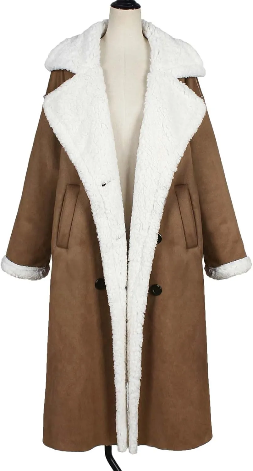 Suede Overcoats Sherpa Lined Womens Winter Coats Trendy Notched Lapel Long Fleece Jacket Warm Slim Fit Furry Outerwear