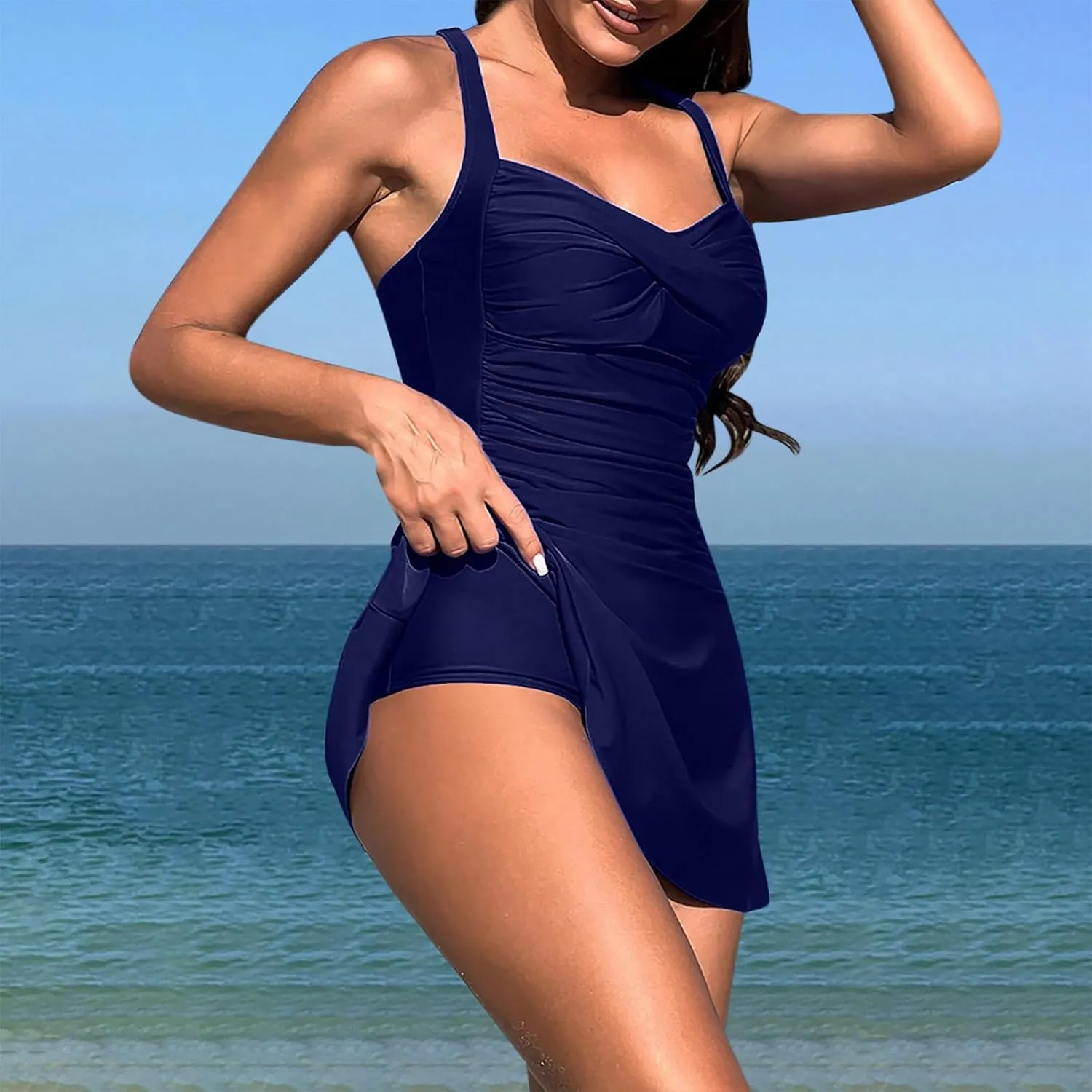 Swim Dress One Piece Bathing Suit Skirted Swimsuits for Women Ruched Retro Front Twist Swimwear Tummy Control