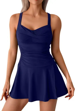 Swim Dress One Piece Bathing Suit Skirted Swimsuits for Women Ruched Retro Front Twist Swimwear Tummy Control
