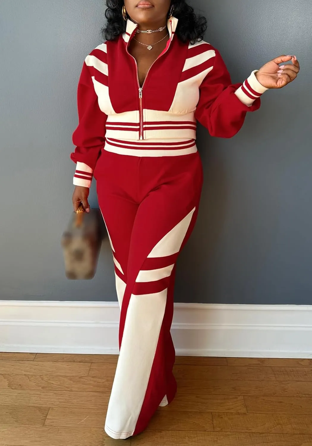 Tbahhir Casual Outfits for Women 2 Piece Color Block Tracksuit Long Sleeve Crop Top and High Waist Pants Jogger Sets