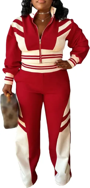 Tbahhir Casual Outfits for Women 2 Piece Color Block Tracksuit Long Sleeve Crop Top and High Waist Pants Jogger Sets