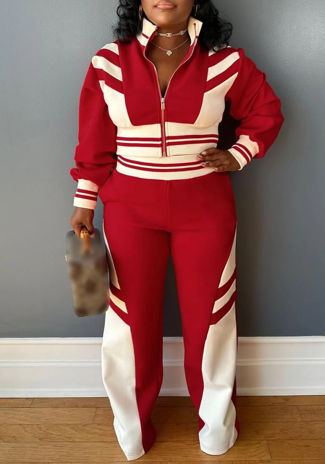 Tbahhir Casual Outfits for Women 2 Piece Color Block Tracksuit Long Sleeve Crop Top and High Waist Pants Jogger Sets