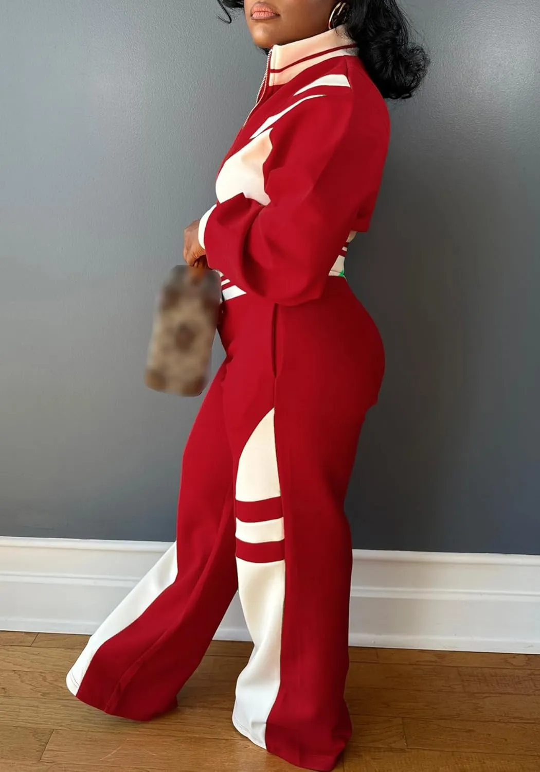 Tbahhir Casual Outfits for Women 2 Piece Color Block Tracksuit Long Sleeve Crop Top and High Waist Pants Jogger Sets