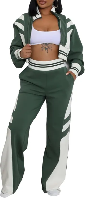 Tbahhir Casual Outfits for Women 2 Piece Color Block Tracksuit Long Sleeve Crop Top and High Waist Pants Jogger Sets