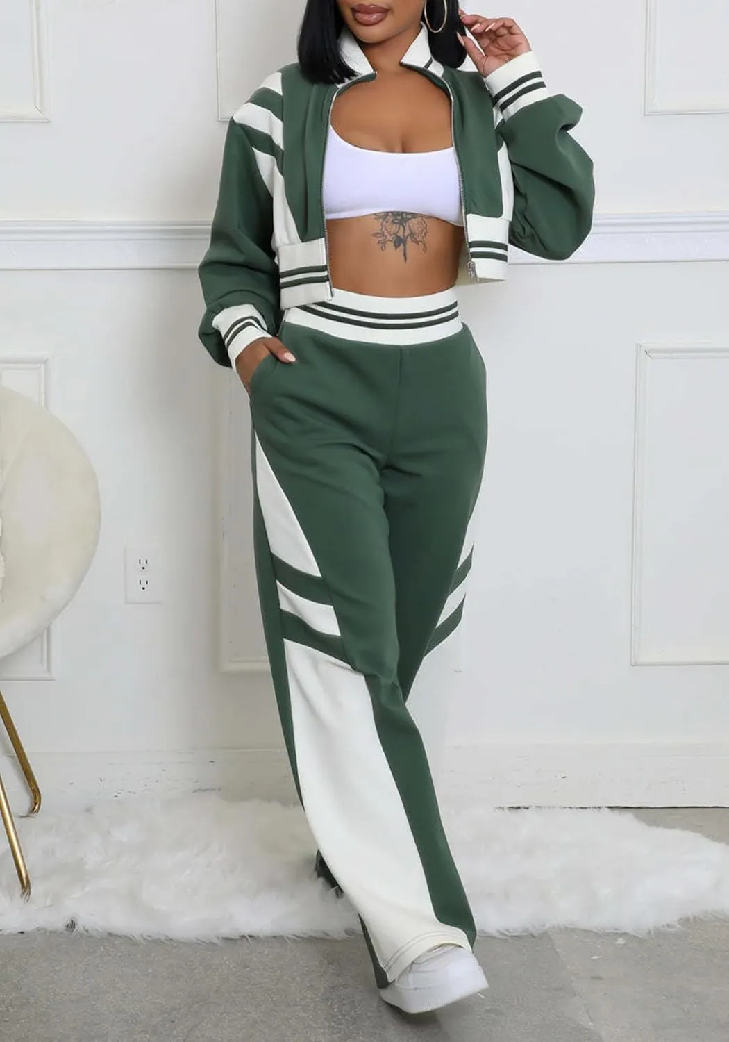 Tbahhir Casual Outfits for Women 2 Piece Color Block Tracksuit Long Sleeve Crop Top and High Waist Pants Jogger Sets