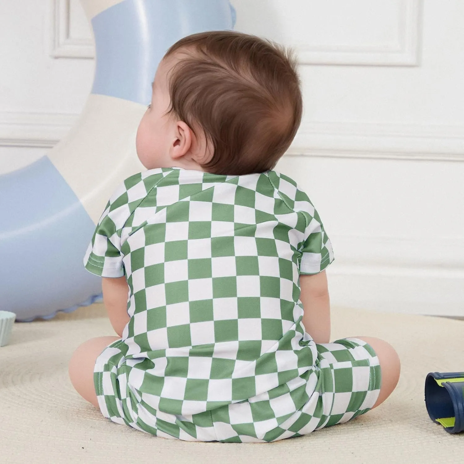 Toddler Boy Two Piece Swimsuit Checkered Short Sleeve top trunk Rashguard Swimwear Boy Sun Protection Beach Clothing