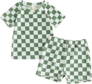 Toddler Boy Two Piece Swimsuit Checkered Short Sleeve top trunk Rashguard Swimwear Boy Sun Protection Beach Clothing