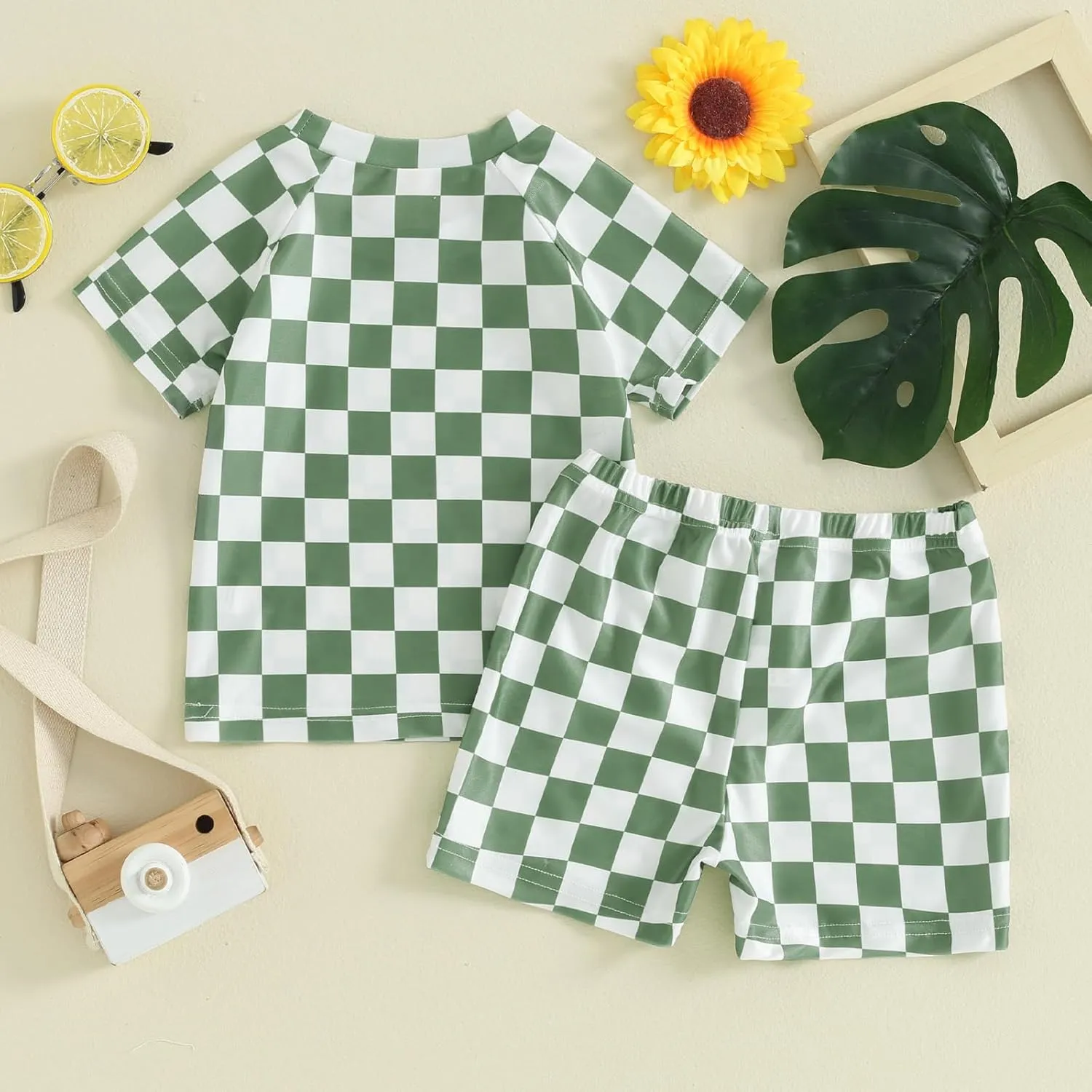 Toddler Boy Two Piece Swimsuit Checkered Short Sleeve top trunk Rashguard Swimwear Boy Sun Protection Beach Clothing