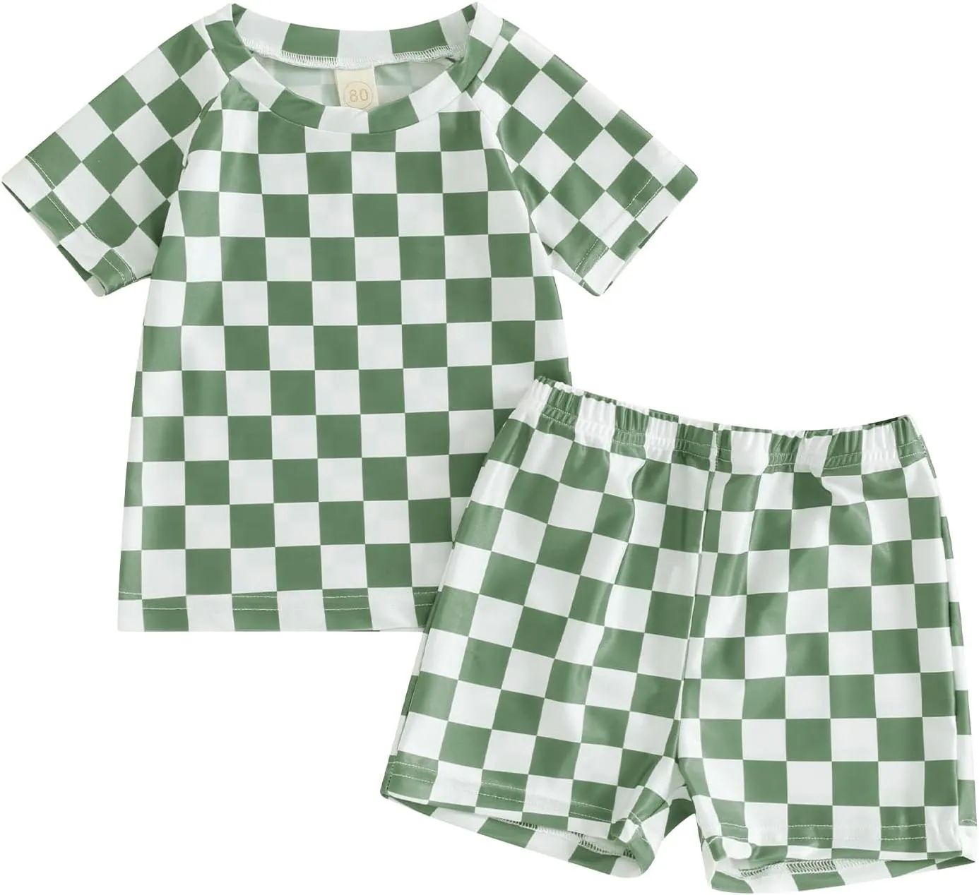 Toddler Boy Two Piece Swimsuit Checkered Short Sleeve top trunk Rashguard Swimwear Boy Sun Protection Beach Clothing