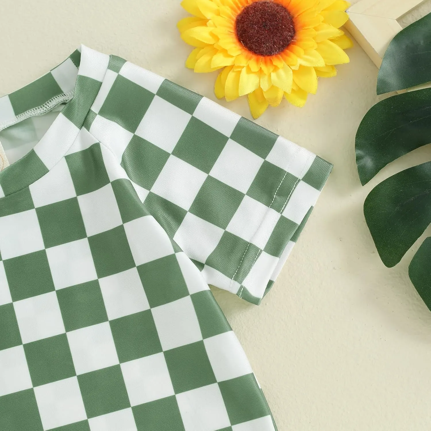 Toddler Boy Two Piece Swimsuit Checkered Short Sleeve top trunk Rashguard Swimwear Boy Sun Protection Beach Clothing