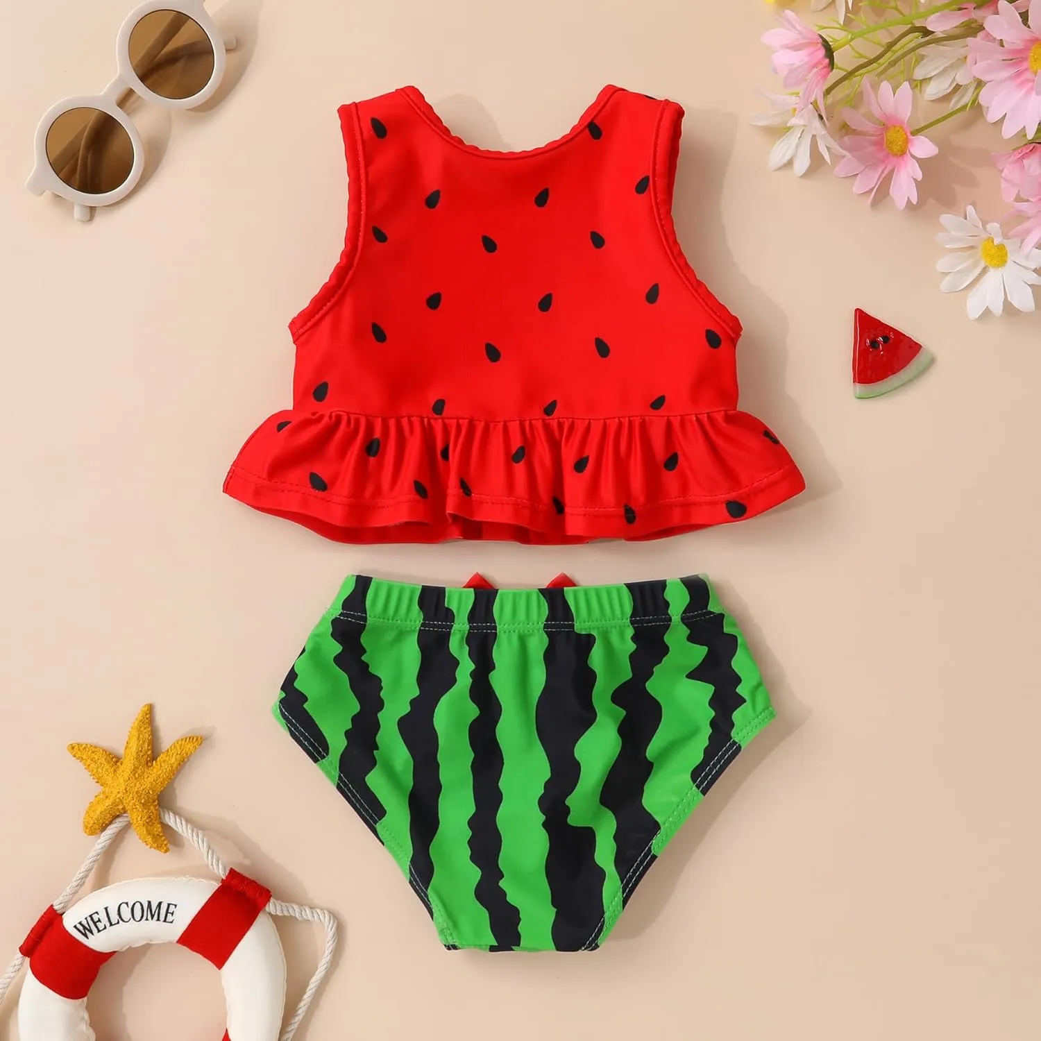 Toddler Swimsuit Baby Girl Sleeveless Ruffle Flamingo Swimwear Two Pieces Bikini Set Kids Beachwear