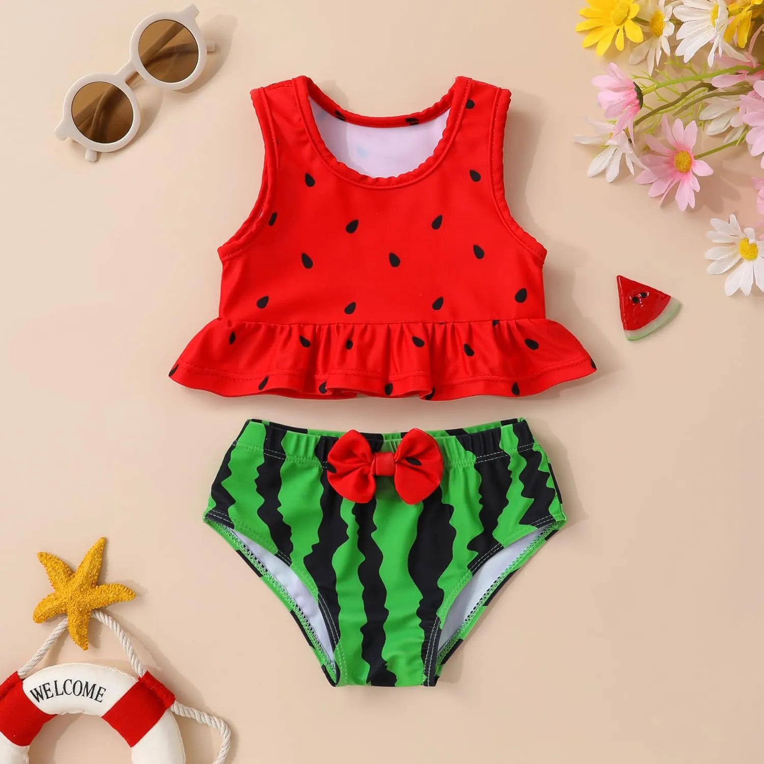 Toddler Swimsuit Baby Girl Sleeveless Ruffle Flamingo Swimwear Two Pieces Bikini Set Kids Beachwear