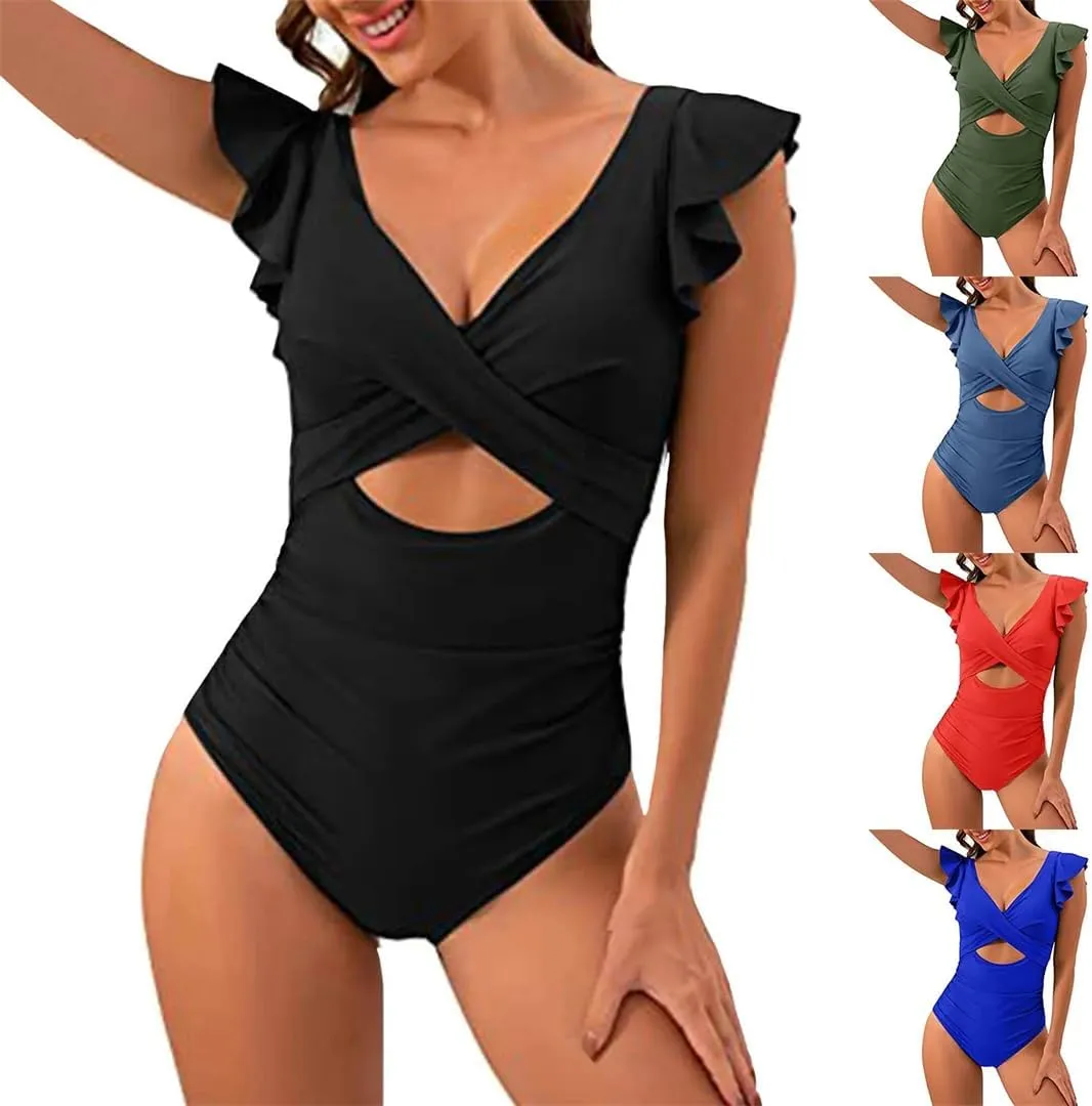 Tummy Control One-Piece Swimsuit Ruffle Bathing Suits Slimming V Neck Wrap Swimwear Backless Beachwear