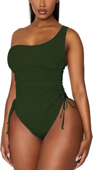 Viottiset Women's One Shoulder Ruched One Piece Swimsuit Tummy Control High Cut Cheeky Bathing Suit