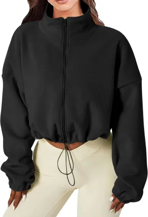 Winter Fleece Jackets Women Long Sleeve Zip Up Coats Crewneck Sweatshirts Outdoor Running Cropped Jacket Fall Activewear Black M