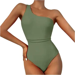 Women Fashion Sexy Backless One Piece Swimsuit Solid Color Oneshoulder Bathing Suits Elastic Tummy Control Swimwear
