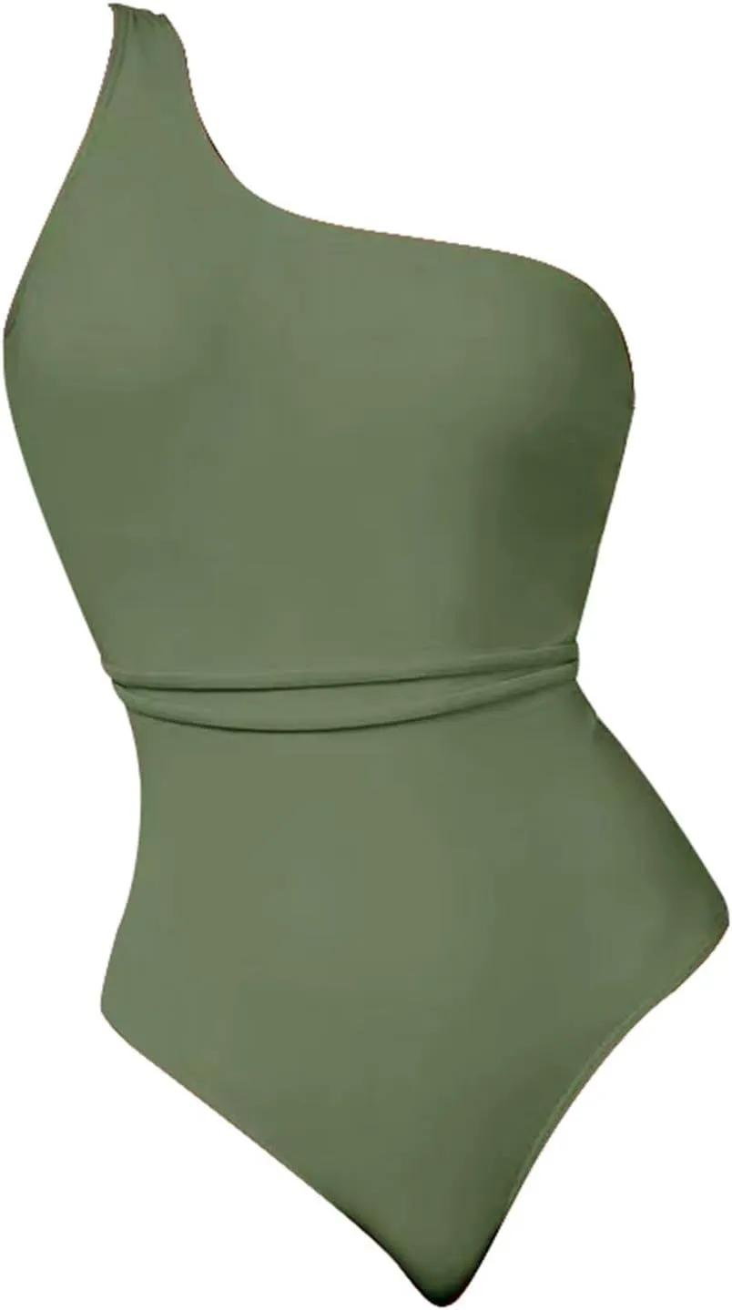 Women Fashion Sexy Backless One Piece Swimsuit Solid Color Oneshoulder Bathing Suits Elastic Tummy Control Swimwear