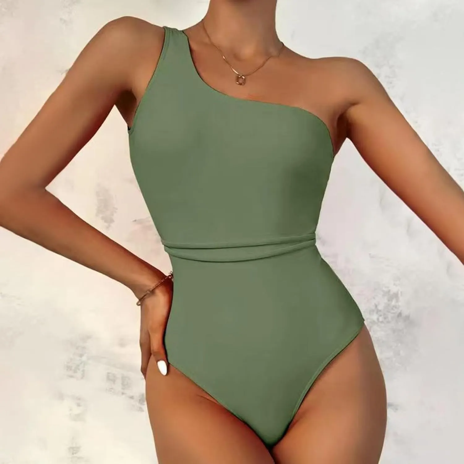 Women Fashion Sexy Backless One Piece Swimsuit Solid Color Oneshoulder Bathing Suits Elastic Tummy Control Swimwear